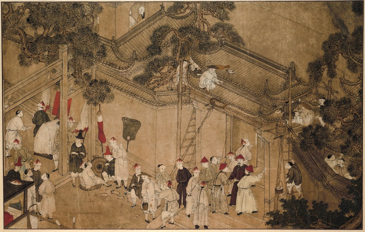 Un templo con trabajadores de la construcción en el trabajo. Las maravillas de Mazu (título de la serie) de Anonymous
