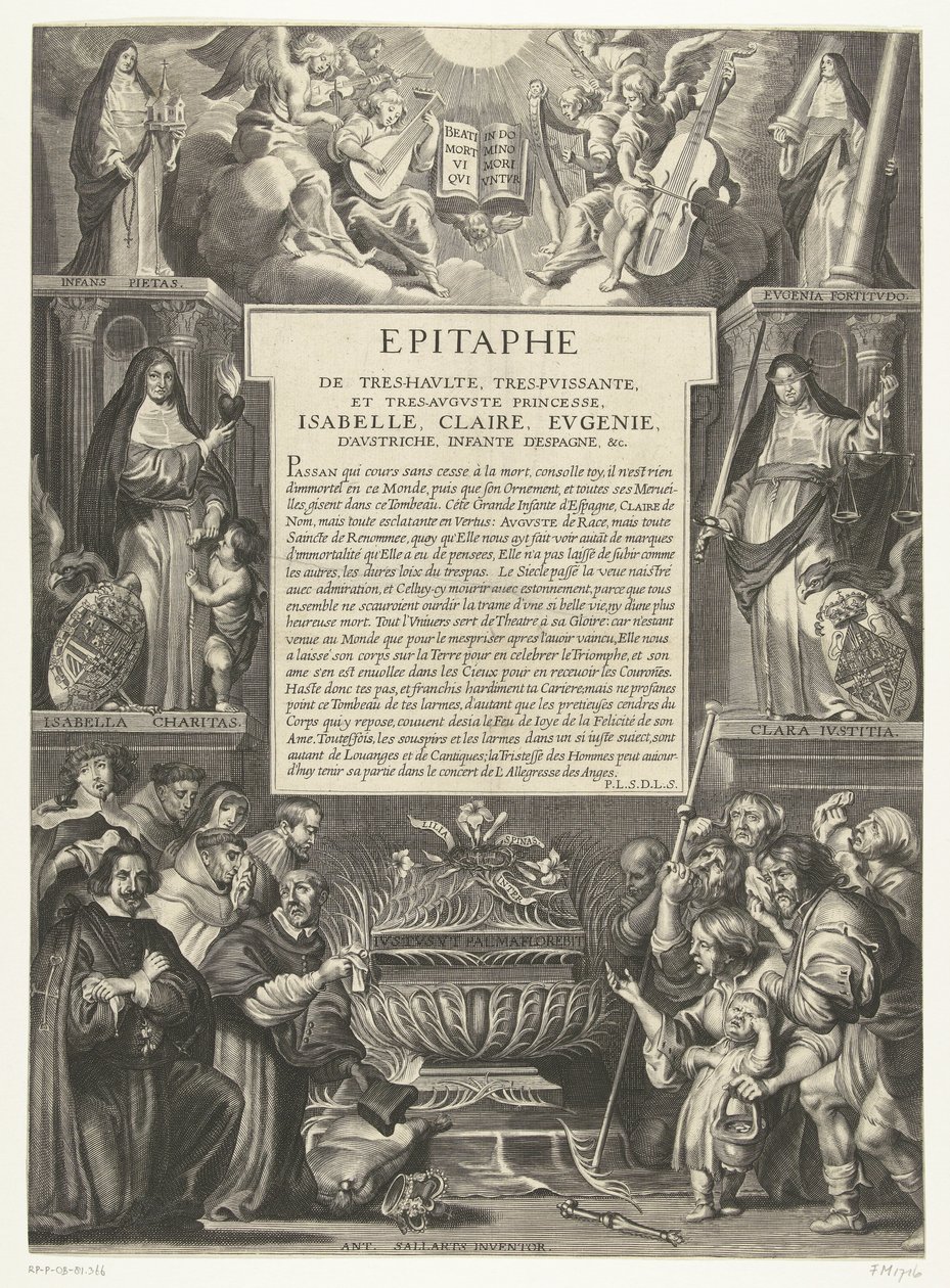 Epitaaf voor Isabella Clara Eugenia, 1633 Epitafio de la Princesa Altísima, Poderosa y Augustísima, Isabel, Clara, Eugenia de Austria, Infanta de España, etc. (título en el objeto) de Anonymous