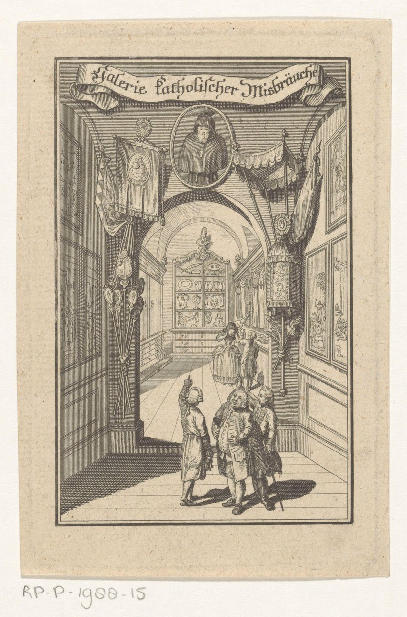 Figuras en galería con retrato y objetos litúrgicos
Galerie katholischer Misbräuche (título en el objeto)
Portada de: Joseph Richter, Bildergalerie katholischer Misbräuche, 1784 de Anonymous