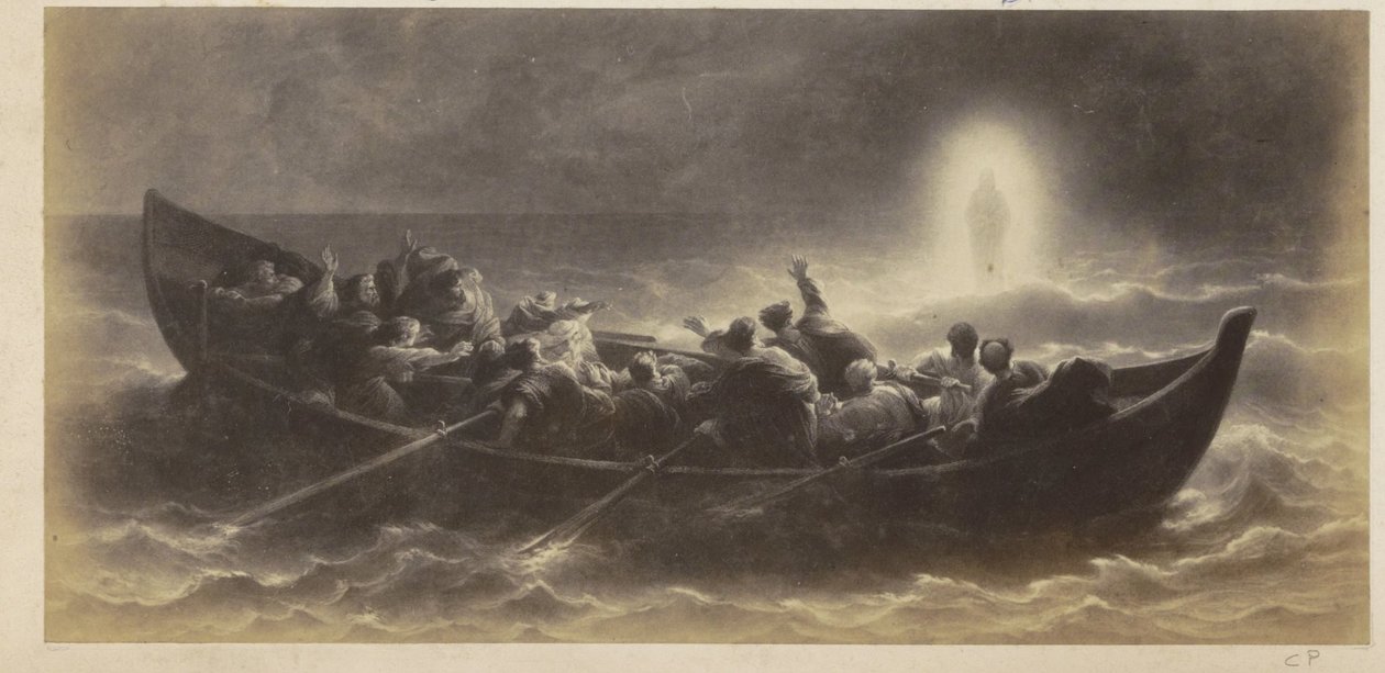 Reproducción fotográfica de (presumiblemente) una impresión de apóstoles viendo a Cristo caminando sobre el agua de Anonymous