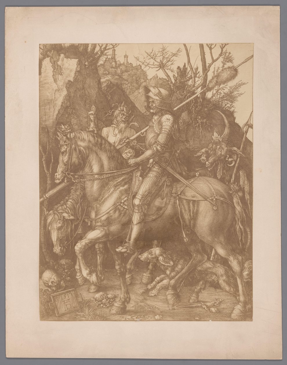 Reproducción fotográfica del grabado Caballero, Muerte y Diablo de Albrecht Dürer de Anonymous