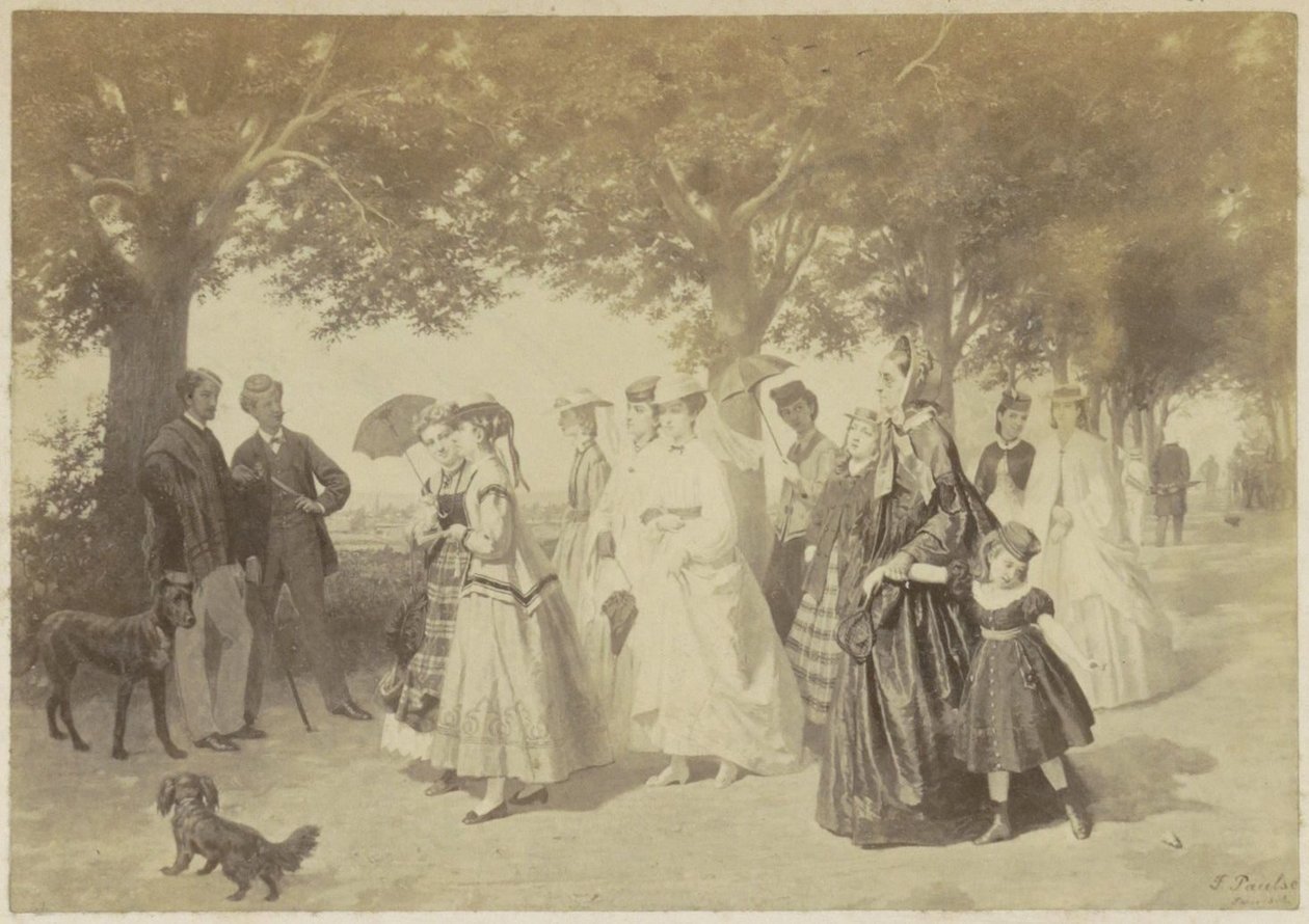 Reproducción fotográfica de un cuadro de mujeres y hombres paseando por un parque de Anonymous