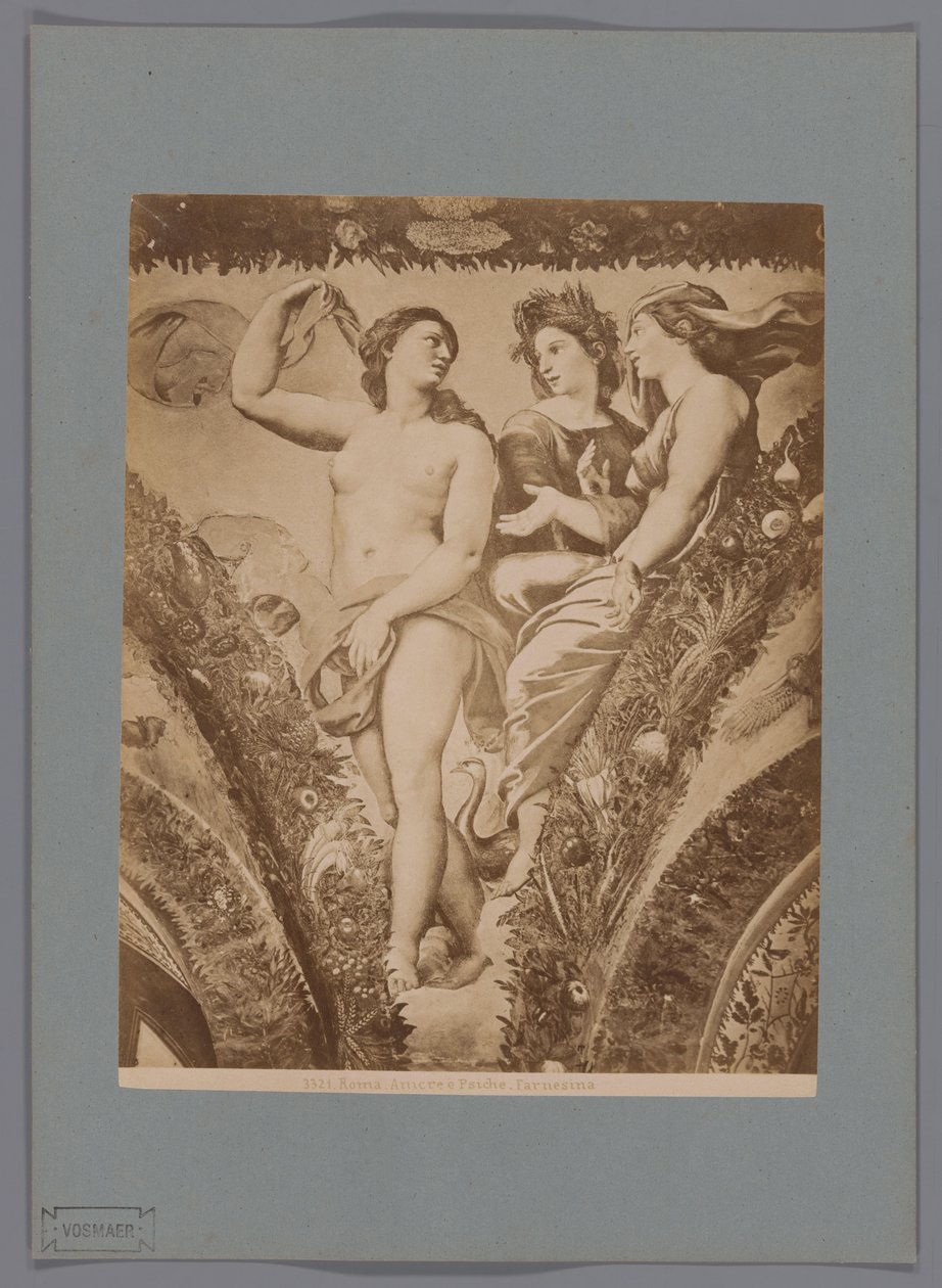 Fotoreproductie van het fresco Amor en Psyche in de Loggia di Psyche, Villa Farnesina te Rome Roma. Amor y Psique. Farnesina (título sobre objeto) de Anonymous
