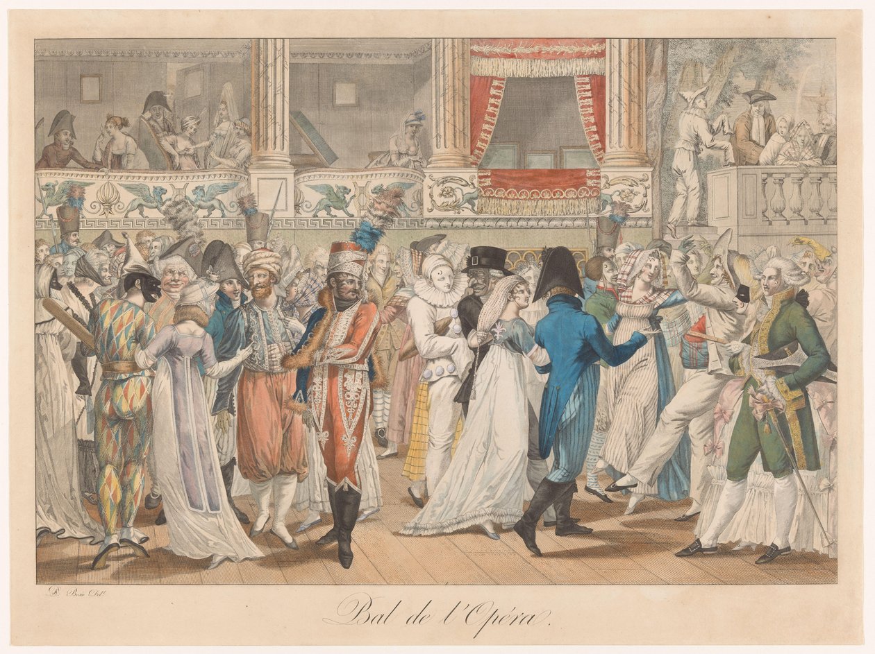 Bola de la compra
Bola de ópera (título en el objeto)
Cinco cuadros de trajes parisinos (título de la serie) de Anonymous