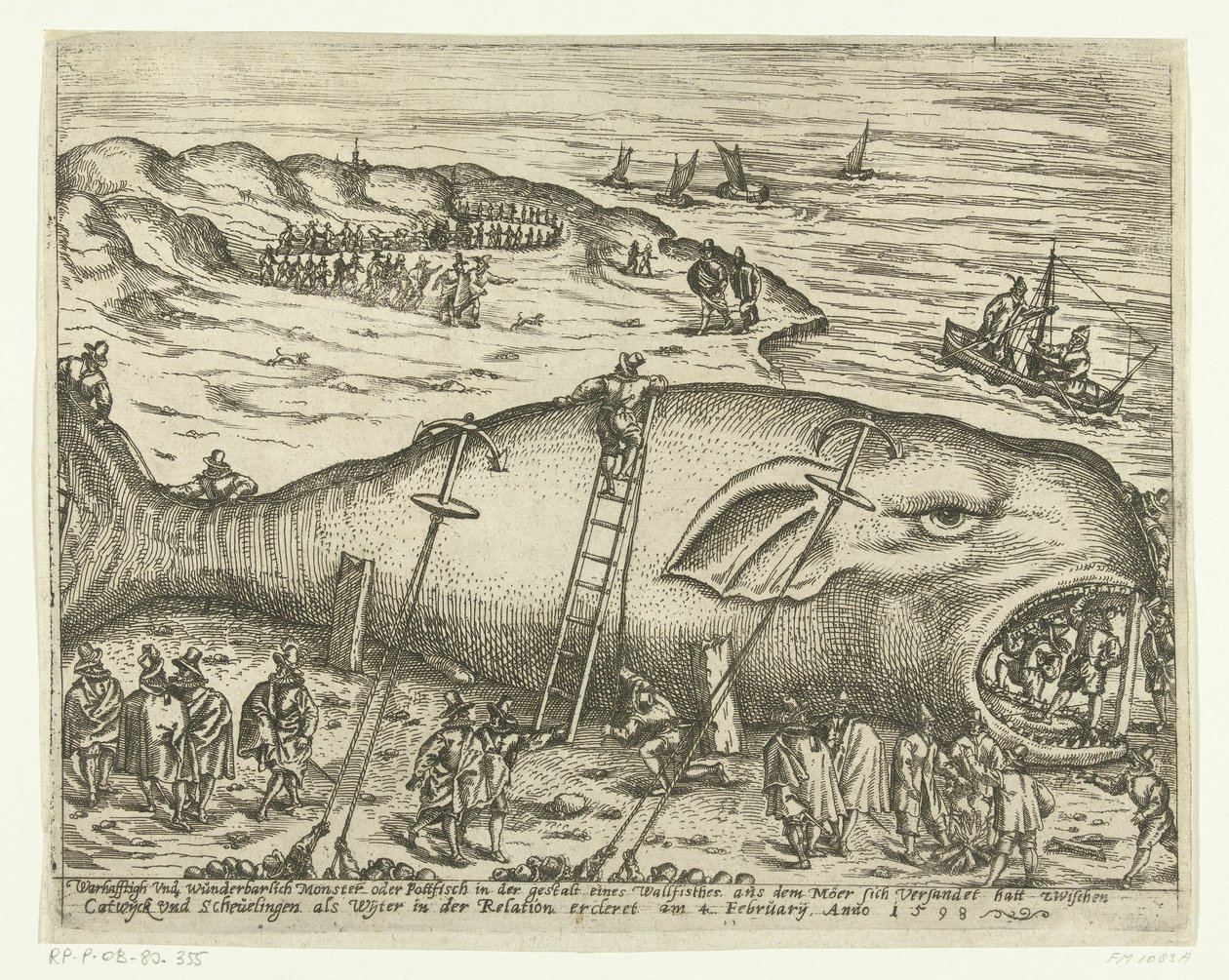 Walvis varado cerca de Berckhey, 1598 Warhafttigh y Wonderful Monster o Pottfisch en forma de ballena, del que Möer se había colado entre Catwyck y Schevelingen como Wyter en la relación ercleret el 4 de febrero de Anno 1598 (tit de Anonymous