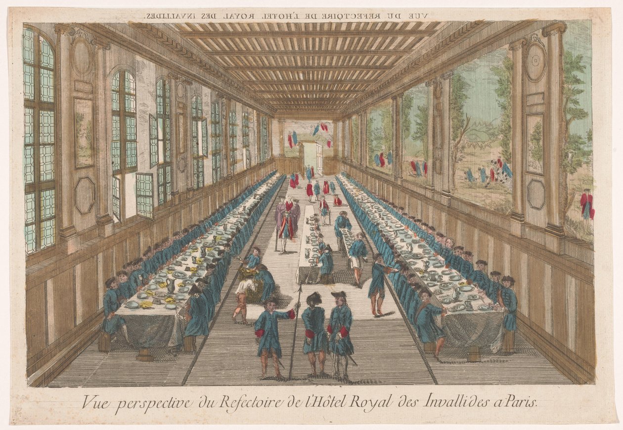 Vista del comedor del Hôtel des Invalides de París con una compañía en una comida
Vue perspective du refectoire de l