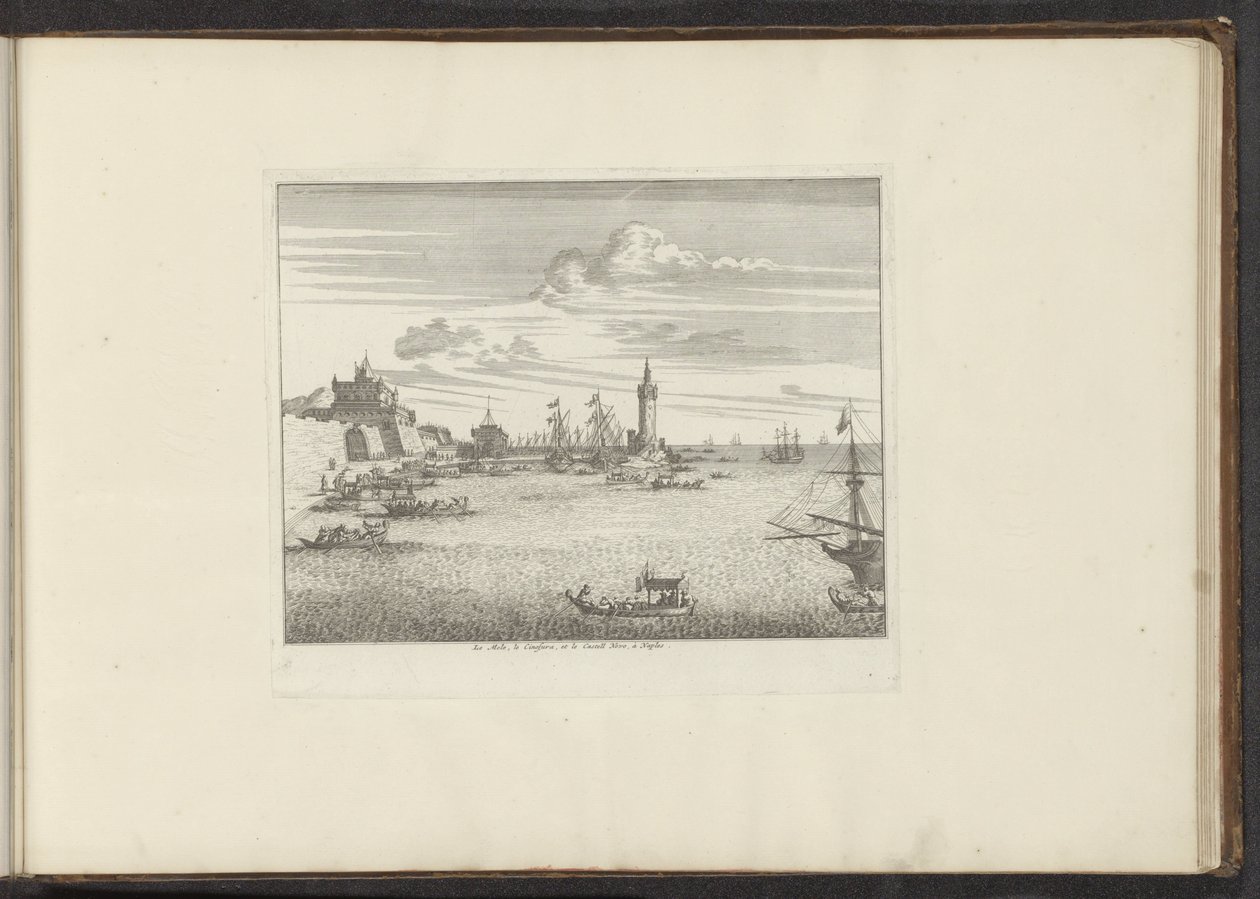 Vista del puerto con un faro y un palacio en Nápoles Le Mole, le Cinosura, et le Castell Novo, à Naples (título sobre el objeto) Palacios y Monumentos de Venecia, Livorno, Nápoles y Roma (título de la serie) de Anonymous