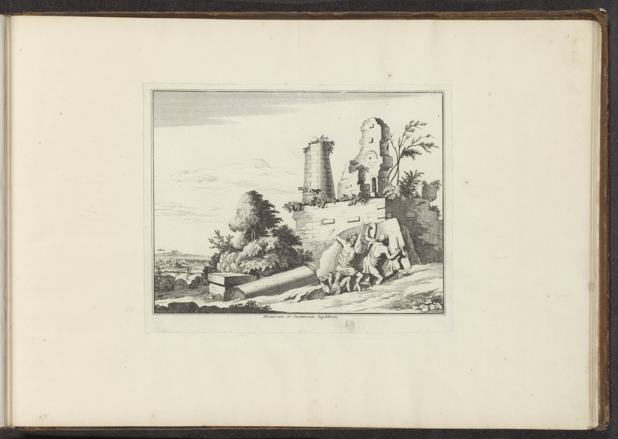 Vista de las ruinas de la tumba de Horatii y Curatii en Roma Horatiorum et Curatiorum Sepulchrum (título sobre el objeto) Palacios y Monumentos de Venecia, Livorno, Nápoles y Roma (título de la serie) de Anonymous