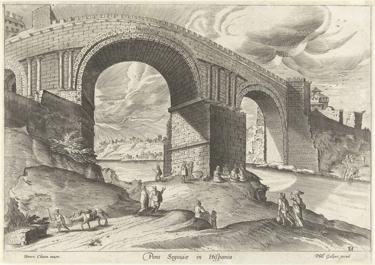 Vista de un puente desde la ciudad de Segovia Pons Segouiae en Hispania (título sobre objeto) Prospecto de Ruinarum varii (título de la serie) de Anonymous