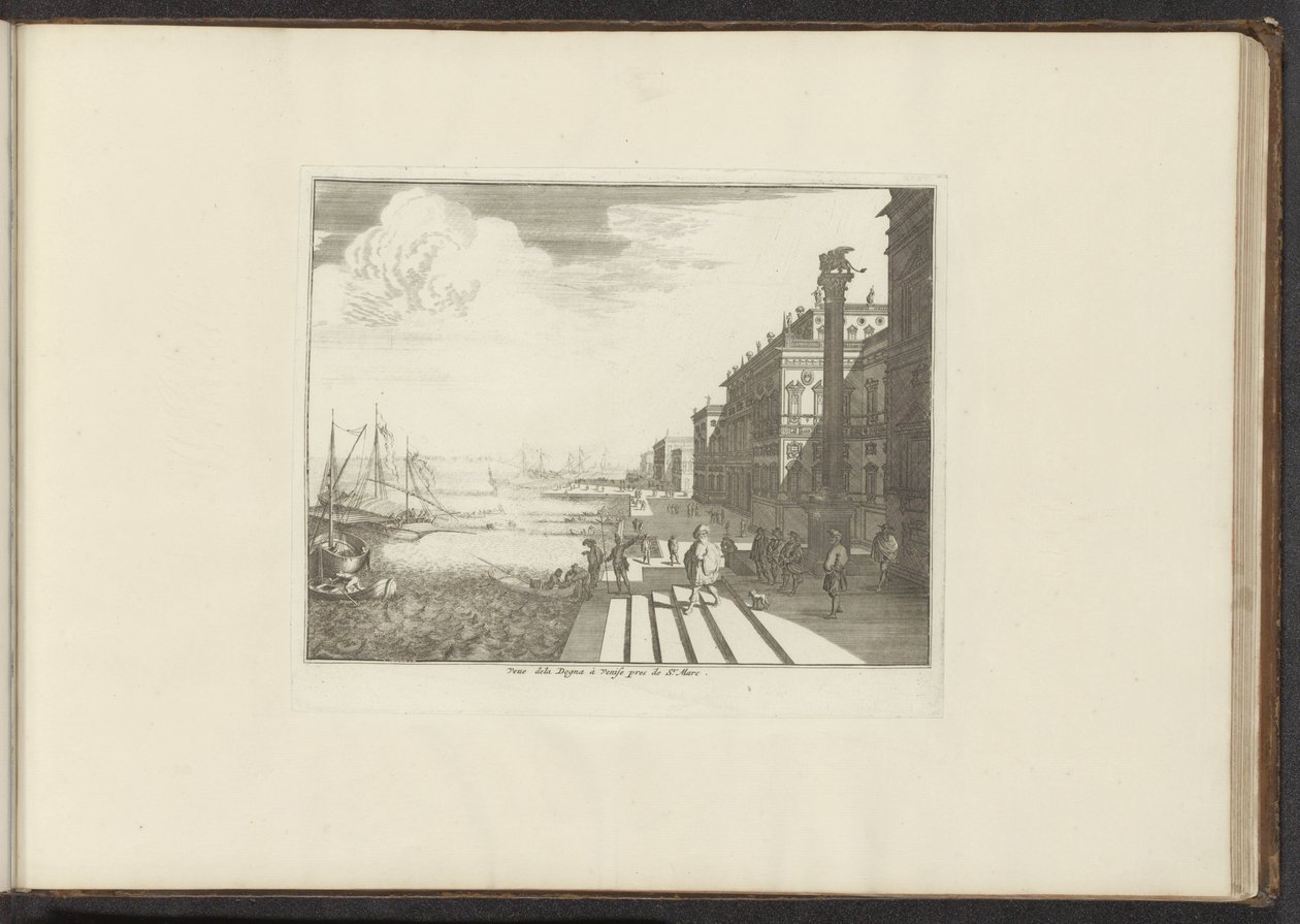 Vista de un muelle en Venecia con el león de San Marcos en una columna Veue dela Dogna à Venise pres de St. Marc (título sobre el objeto) Palacios y Monumentos de Venecia, Livorno, Nápoles y Roma (título de la serie) de Anonymous