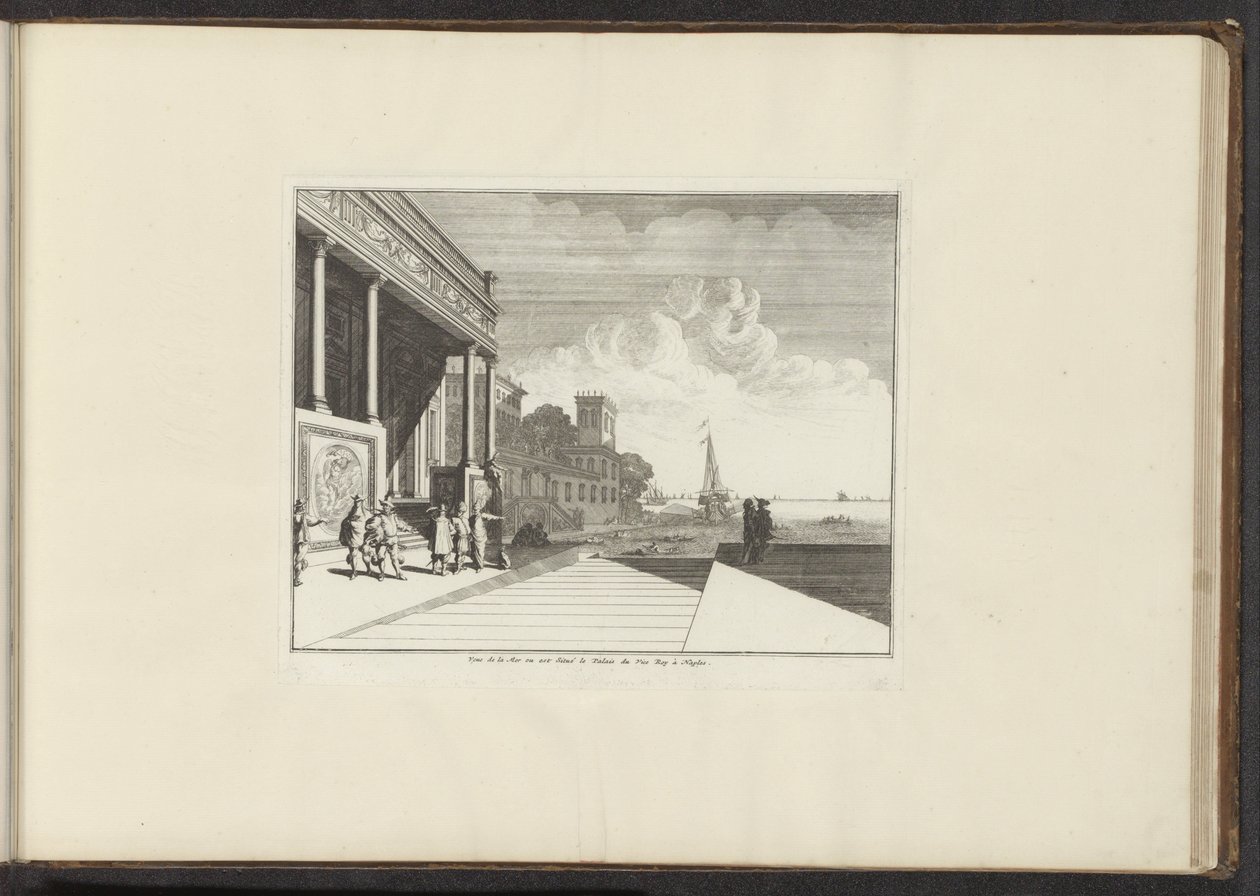 Vista de un palacio en el paseo marítimo de Nápoles Veue de la Mer ou est Situé le Palais du Vice Roy à Naples (título sobre el objeto) Palacios y Monumentos de Venecia, Livorno, Nápoles y Roma (título de la serie) de Anonymous