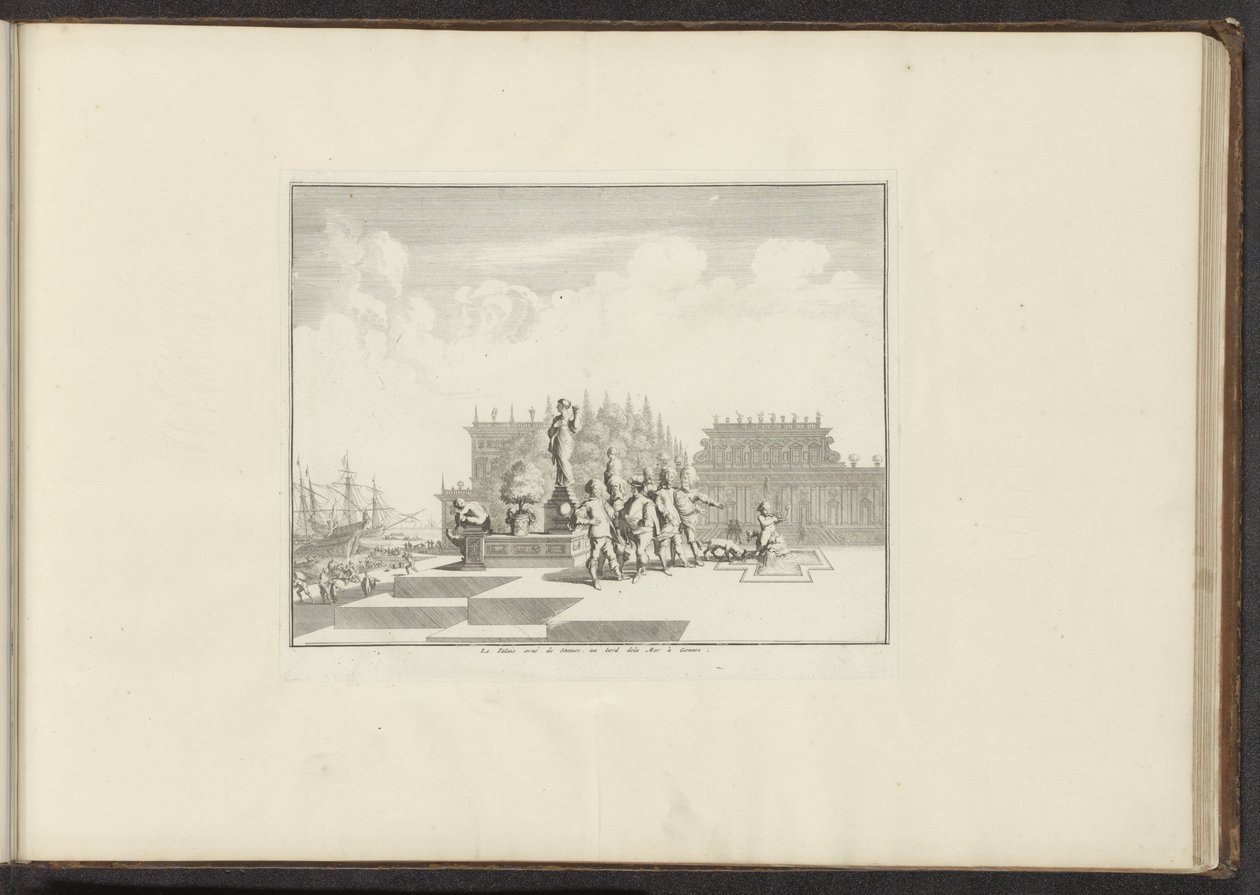 Vista de un palacio y estatuas en el paseo marítimo de Génova Le Palais orné de Statues, au bord dela Mer à Gennes (título sobre el objeto) Palacios y Monumentos de Venecia, Livorno, Nápoles y Roma (título de la serie) de Anonymous