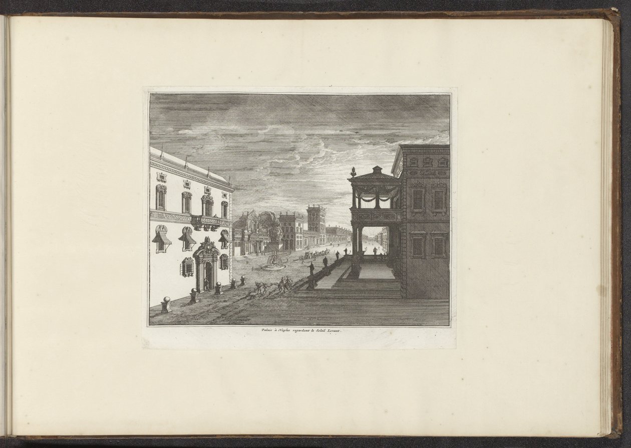 Vista de un palacio en Nápoles al atardecer Palais à Naples gobernador le Soleil Levant (título sobre objeto) Palacios y Monumentos de Venecia, Livorno, Nápoles y Roma (título de la serie) de Anonymous