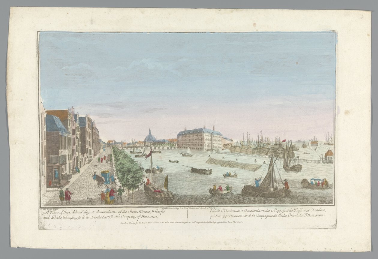 Gezicht op het Admiraliteitsmagazijn te Amsterdam Una vista del Almirantazgo en Amsterdam, de los almacenes, muelles y muelles, pertenecientes a él y a la Compañía de las Indias Orientales de Holanda (título sobre el objeto) de Anonymous