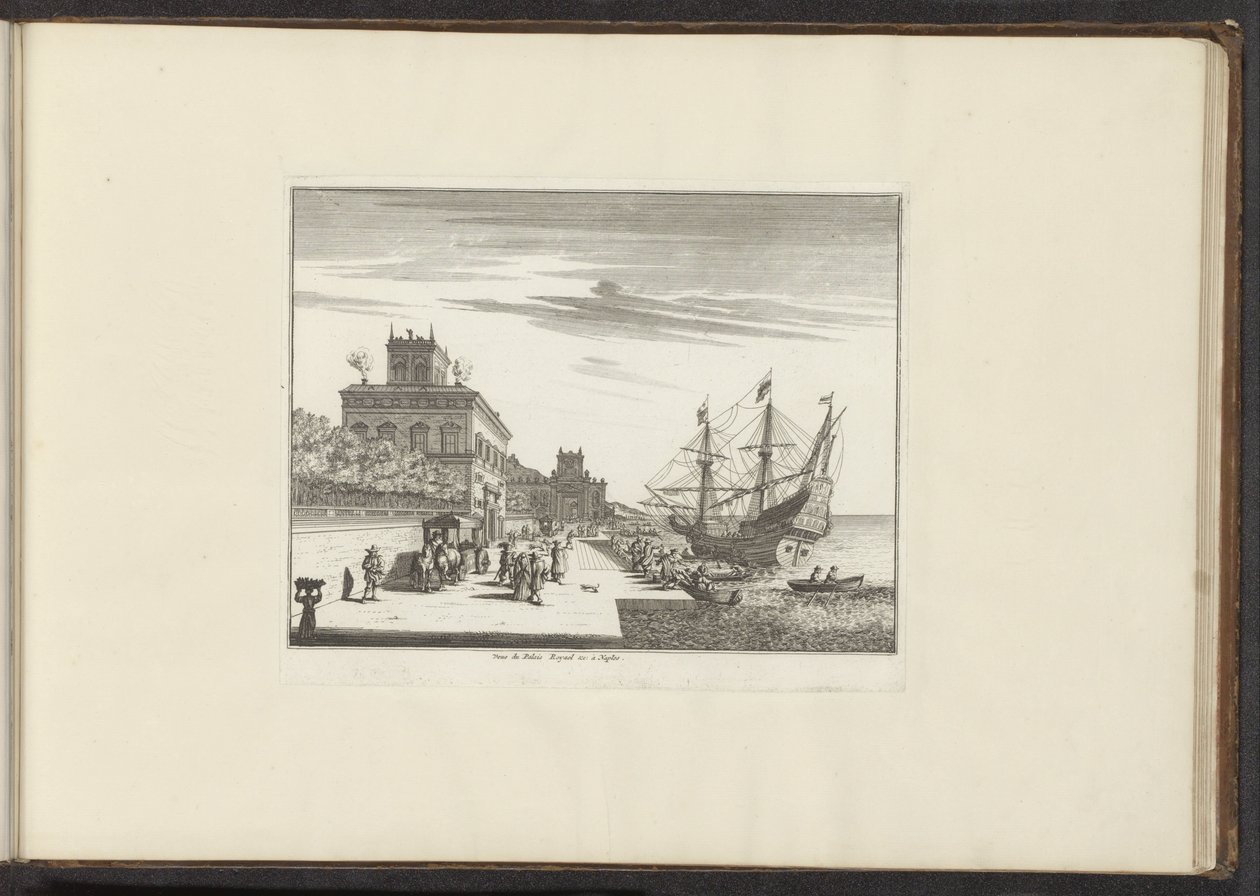 Vista del Palacio Real en el paseo marítimo de Nápoles Veue du Palais Royael &c: à Nápoles (título sobre objeto) Palacios y Monumentos de Venecia, Livorno, Nápoles y Roma (título de la serie) de Anonymous