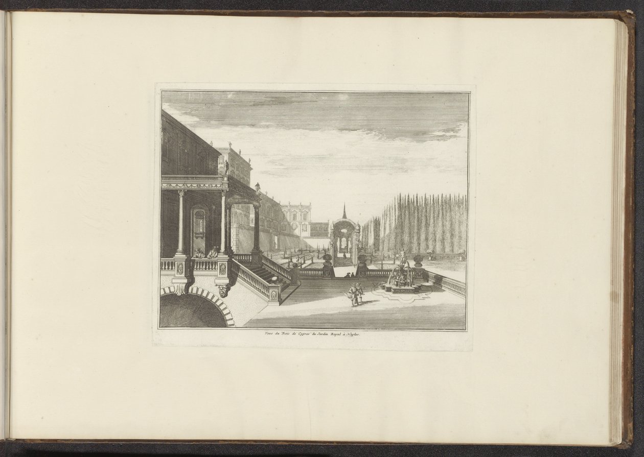 Vista del Palacio Real y los Jardines Reales de Nápoles Veue du Bois de Cypres du Jardin Royal à Naples (título sobre el objeto) Palacios y Monumentos de Venecia, Livorno, Nápoles y Roma (título de la serie) de Anonymous
