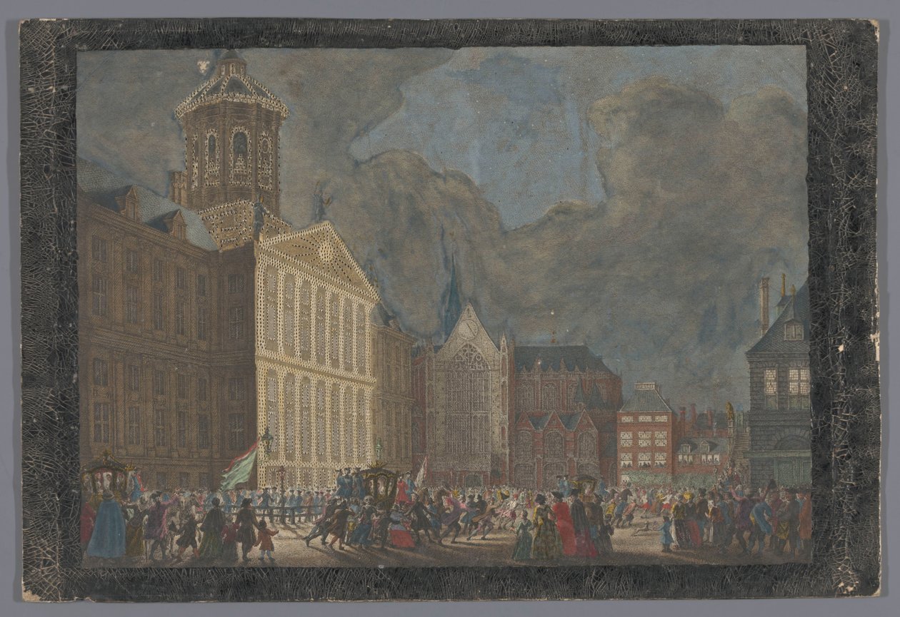 Vista del Ayuntamiento de Ámsterdam con la llegada de Guillermo V y Guillermina de Prusia a la plaza Dam el 31 de mayo de 1768 de Anonymous
