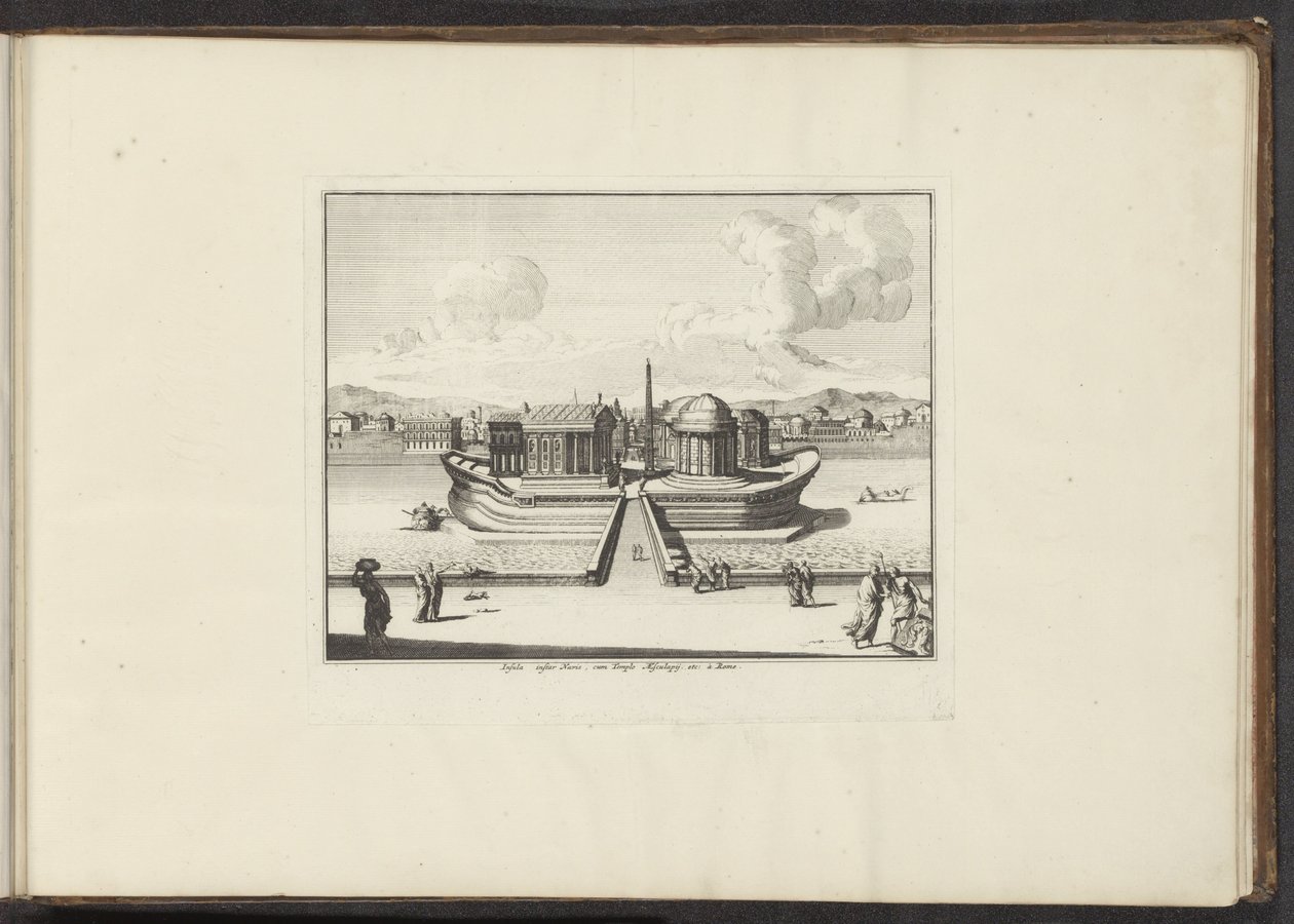 Vista de la isla Tiberina en Roma Insula instar Navis, cum Templo Aesculapij. etc: à Rome (título sobre el objeto) Palacios y Monumentos de Venecia, Livorno, Nápoles y Roma (título de la serie) de Anonymous