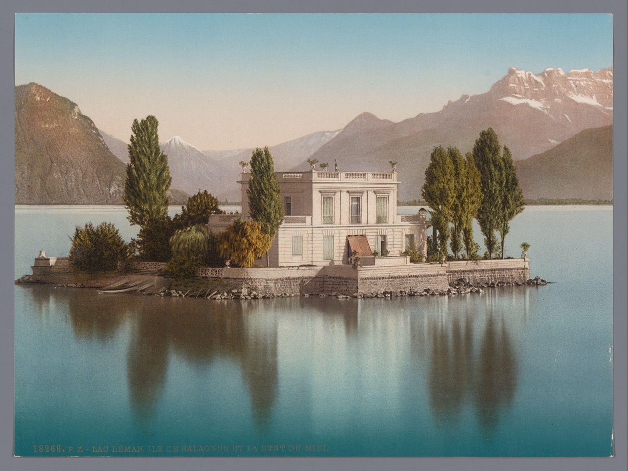 Vista de Île de Salagnon en el lago de Ginebra, al fondo los Dents du Midi lac Léman, Ile de Salagnon et la Dent du Midi (título sobre el objeto) de Anonymous