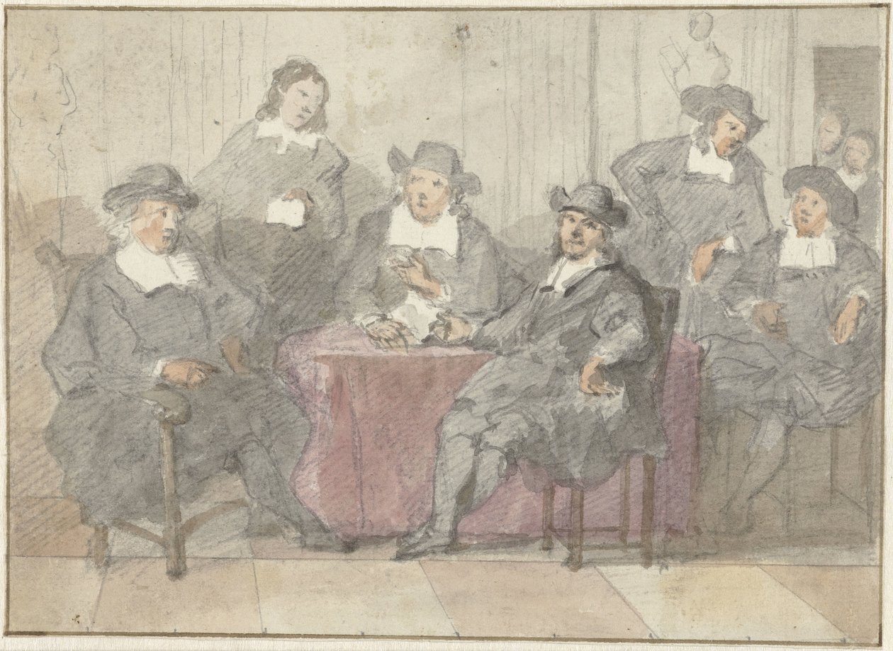 Retrato de grupo de seis caballeros sentados y de pie alrededor de una mesa de Anonymous