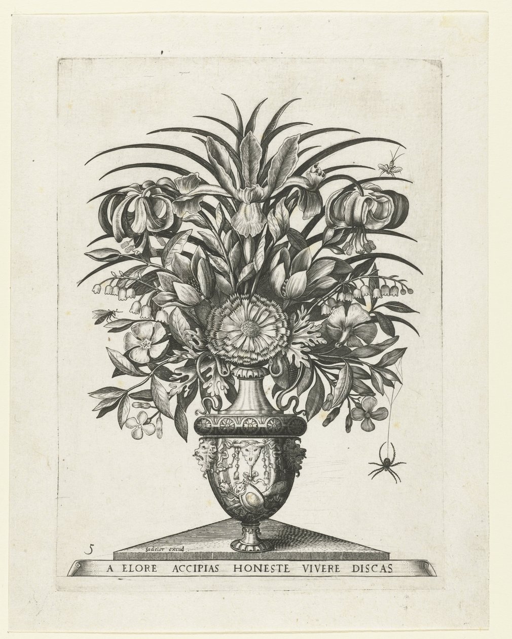 Jarrón grotesco con dos mascarones a cada lado de un bukranion Jarrones con flores (título de la serie) de Anonymous