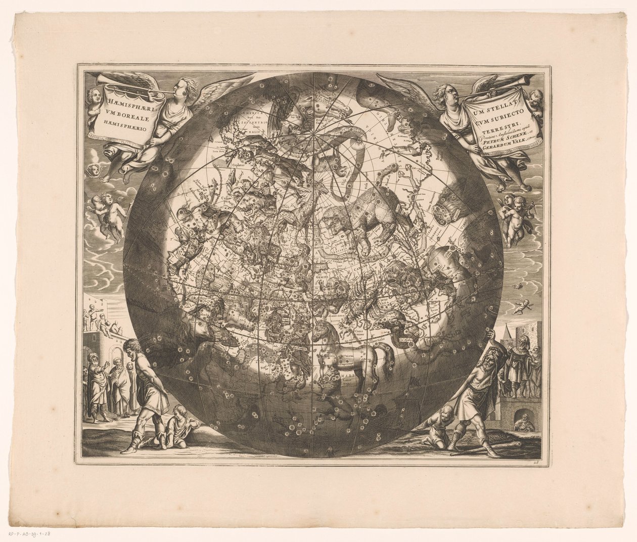 Mapa del cielo con las constelaciones del norte
Haemisphaerium stellatum boreale cum subiecto haemisphaerio terrestri (título en el objeto) de Anonymous