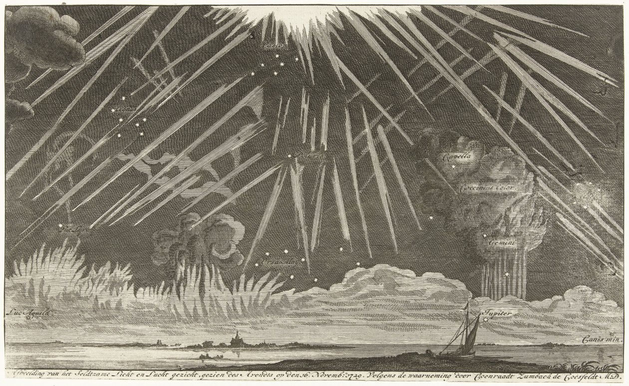 Fenómenos celestiales, 1729 Imagen de la vista Seldtzame Light and Sky, vista en la tarde del 16 de noviembre de 1729. Según la observación de Coenraadt Zumbach de Croesfeldt M.D. (título en el objeto) de Anonymous