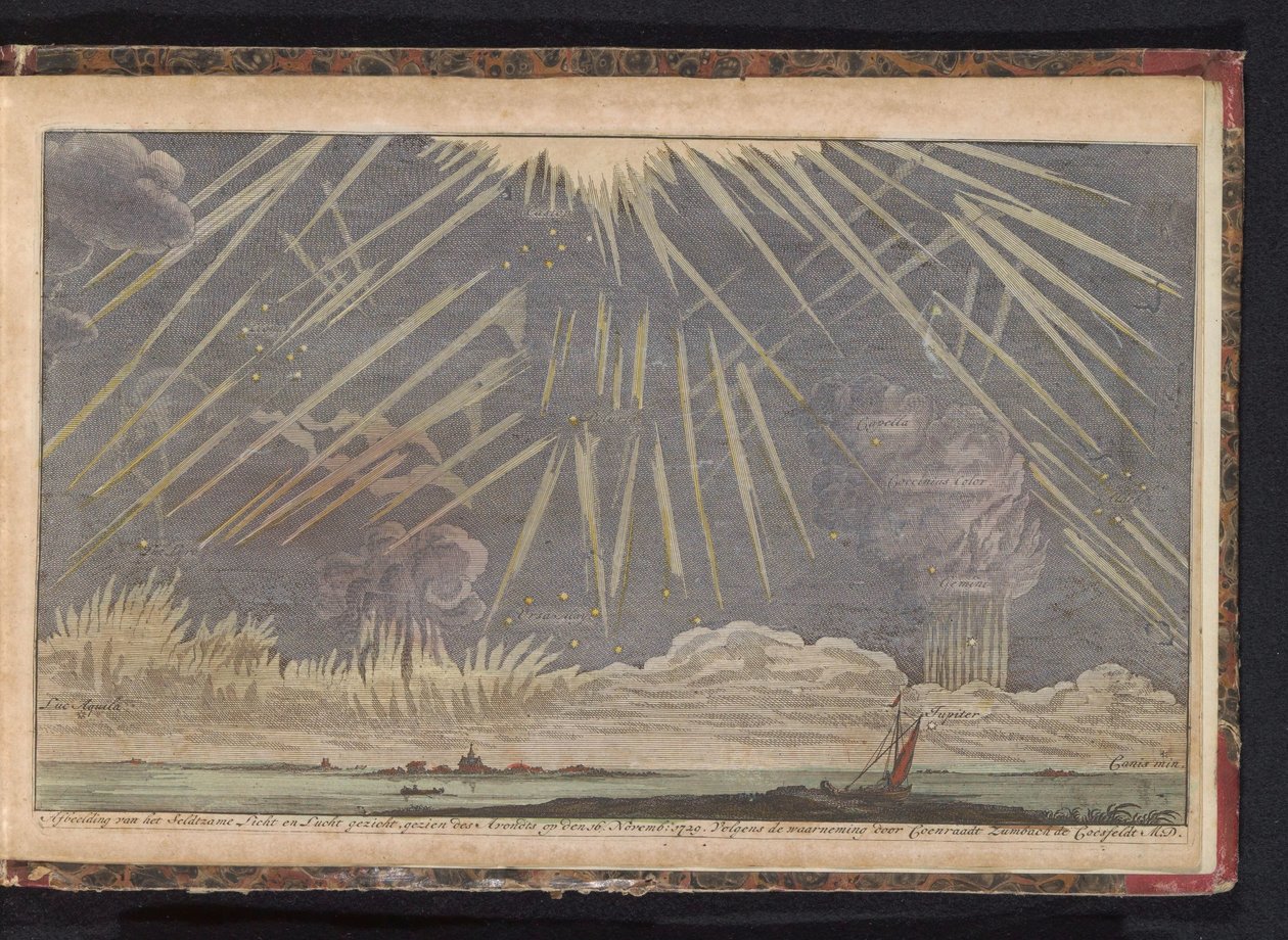 Fenómenos celestiales, 1729 Imagen de la vista Seldtzame Light and Sky, vista en la tarde del 16 de noviembre de 1729. Según la observación de Coenraadt Zumbach de Croesfeldt M.D. (título en el objeto) de Anonymous