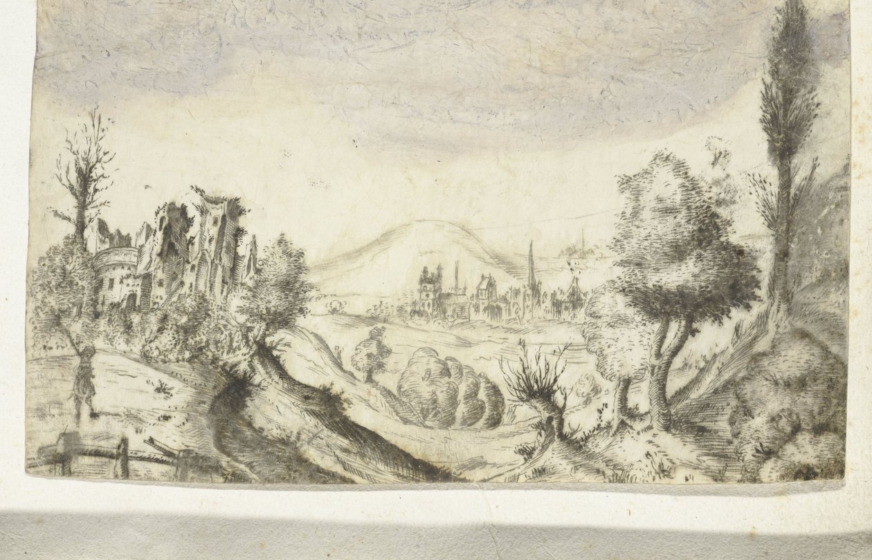 Paisaje montañoso con cazador y ruina. de Anonymous