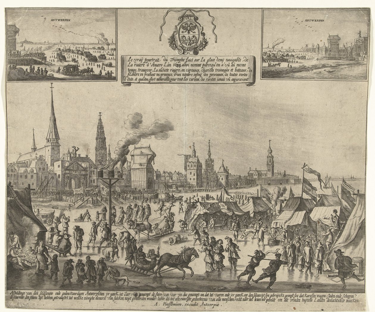 Entretenimiento sobre hielo en el Escalda congelado en Amberes, 1684 Le vray poutraict, du Triomphe faict sur la glace demy navigable, de la riviere d