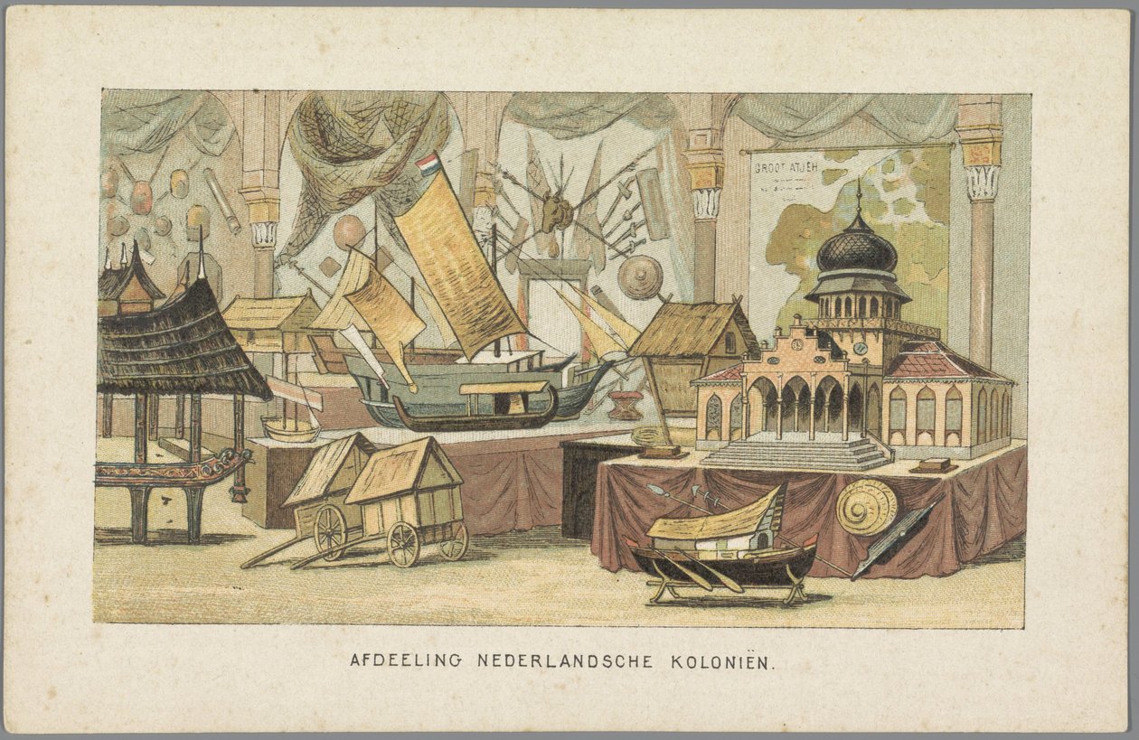 Interior del edificio de las Colonias Holandesas en la Feria Mundial de Ámsterdam, 1883
Departamento de las Colonias Holandesas (título en el objeto)
Memoria de Ámsterdam en 1883 (título de la serie en el objeto) de Anonymous