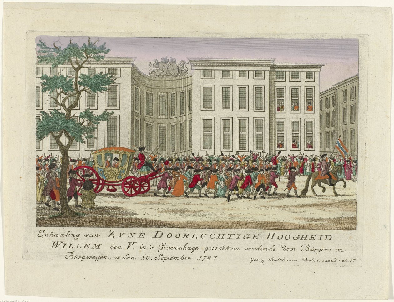 Adelantamiento del Príncipe de Orange, 1787 Adelantamiento de Zyne Serene Highness Willem den V. dibujado en La Haya por Burgers y Burgeressen, el 20 de septiembre de 1787 (título sobre el objeto) Grabados alemanes en color sobre los acontecimientos de de Anonymous