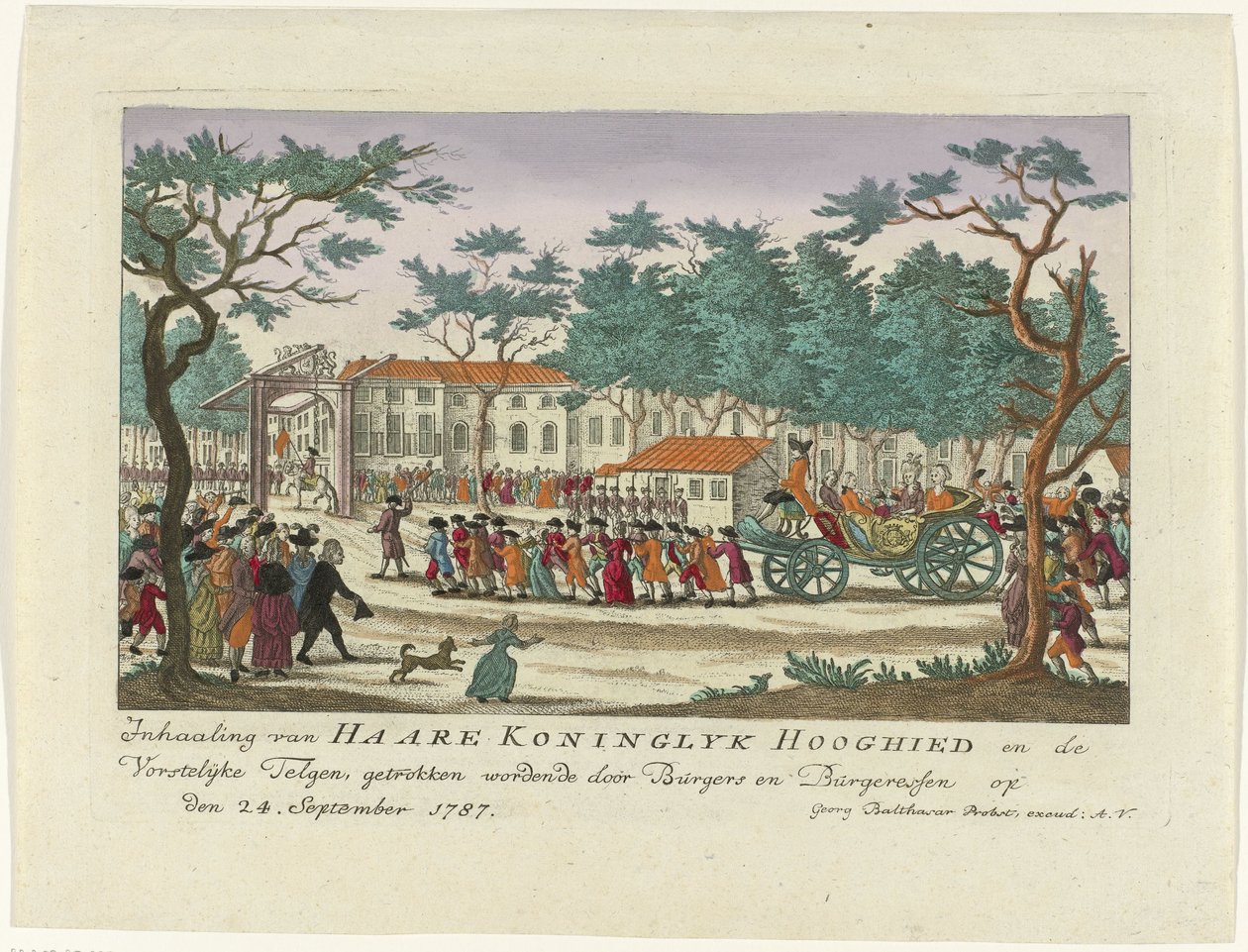 Adelantamiento de la Princesa de Orange y los Niños, 1787 Adelantamiento de Haare Koninglyk Hooghied y Royal Scions, dibujado por Burgers y Burgeressen el 24 de septiembre de 1787 (título sobre el objeto) Láminas alemanas a color sobre el evento de Anonymous