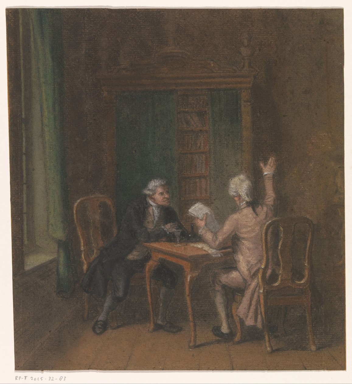 Interior con dos hombres en una mesa de Anonymous