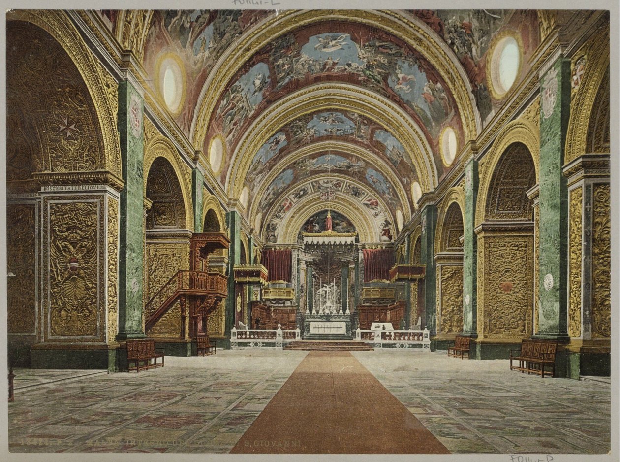 Interieur van de Sint-Janskathedraal en La Valeta Malta. Interior de la Catedral de S. Giovanni (título sobre objeto) de Anonymous