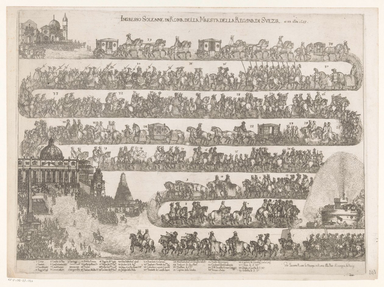 Entrada en Roma de la reina Cristina de Suecia Ingresso Solenne en Roma della Maestra della Regina di Svezia ai 23 xbre 1655 (título sobre objeto) de Anonymous