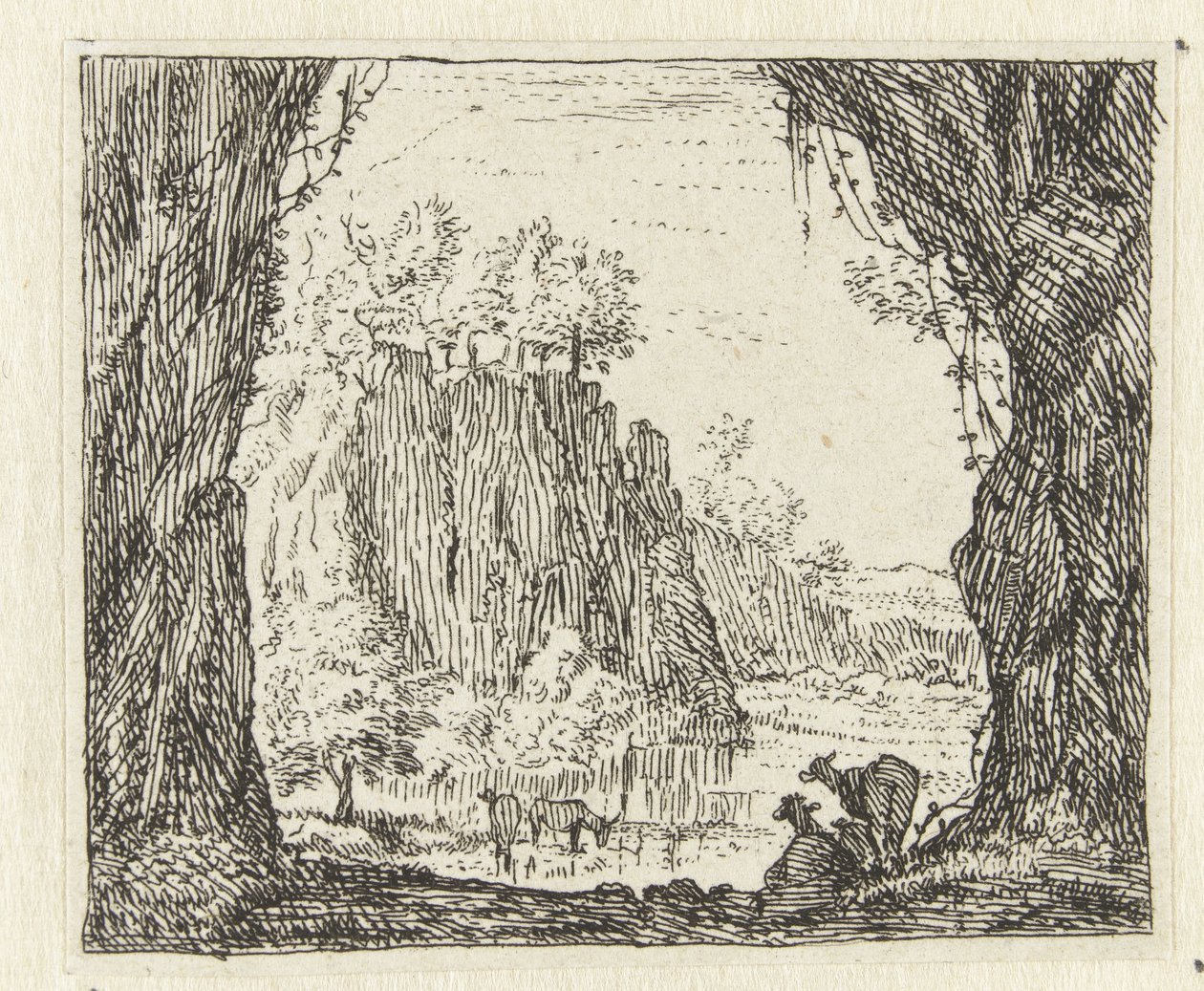 Paisaje italiano con cabras junto a un río. de Anonymous