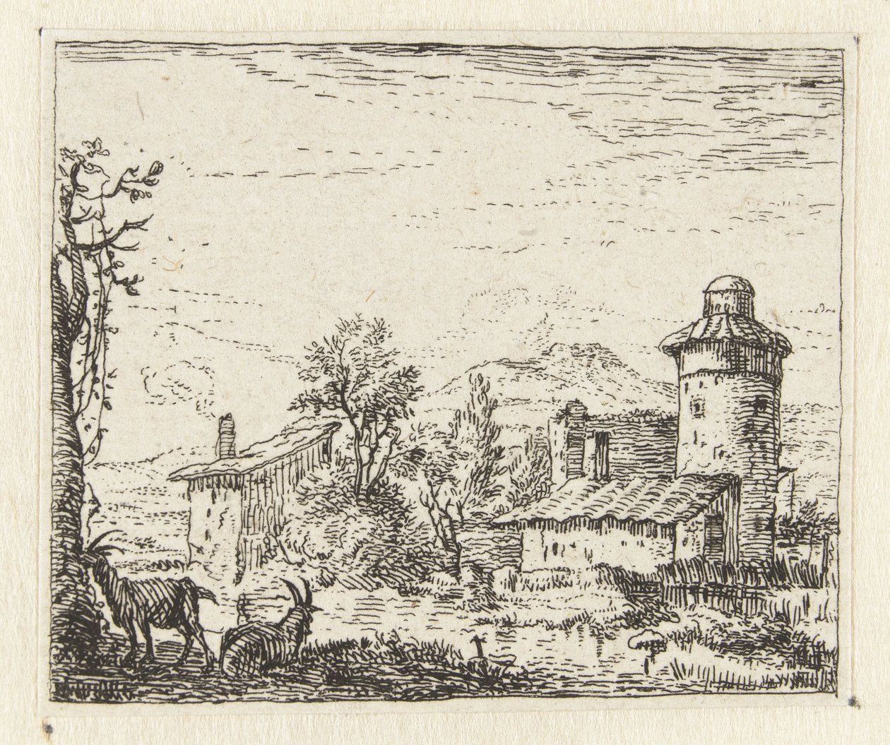 Paisaje italiano con torre redonda y dos cabras de Anonymous