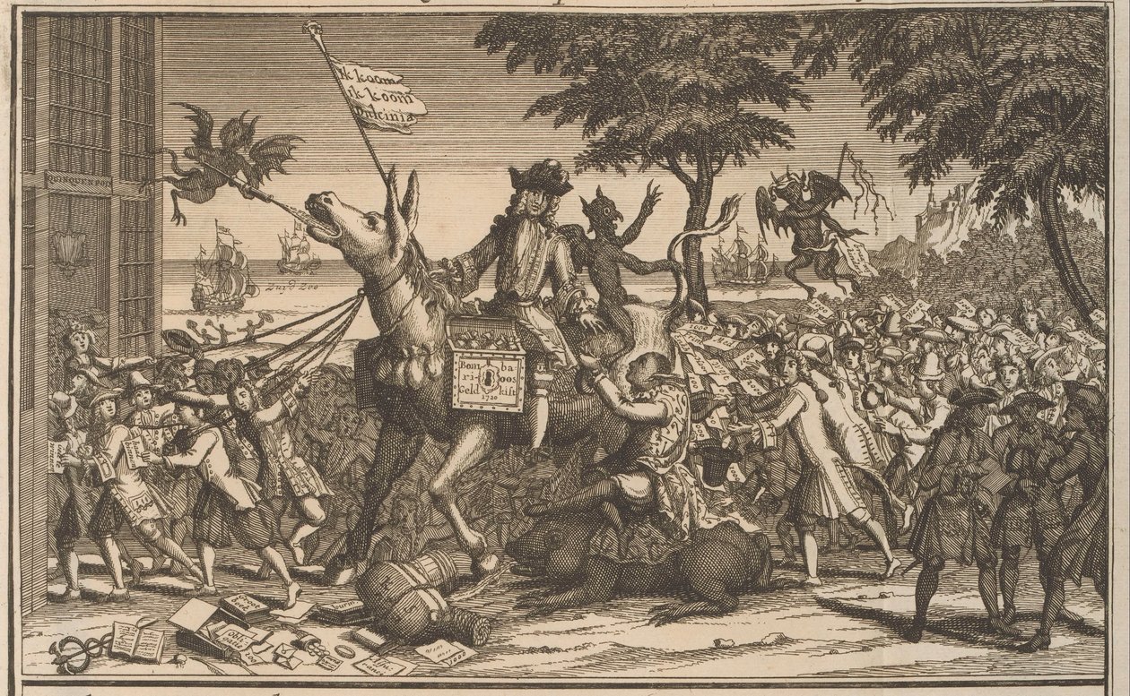 John Law sobre el burro de Sancho Panza, 1720 La ley, como un segundo Don-Quichot, se burla de Sanches Graauwtje (título sobre objeto) La gran escena de la locura (título de la serie) de Anonymous