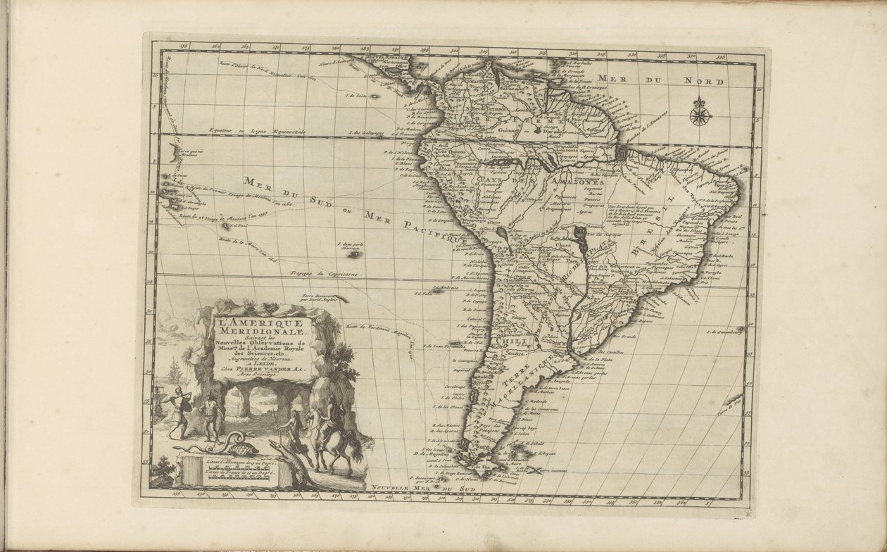 Kaart van Zuid-Amerika América del Sur, según las nuevas observaciones de Mess[ieu]rs of the Royal Academy of Sciences etc. Aumentado de nuevo (título en objeto) Las Indias Orientales y Occidentales y otros lugares (título de la serie) de Anonymous