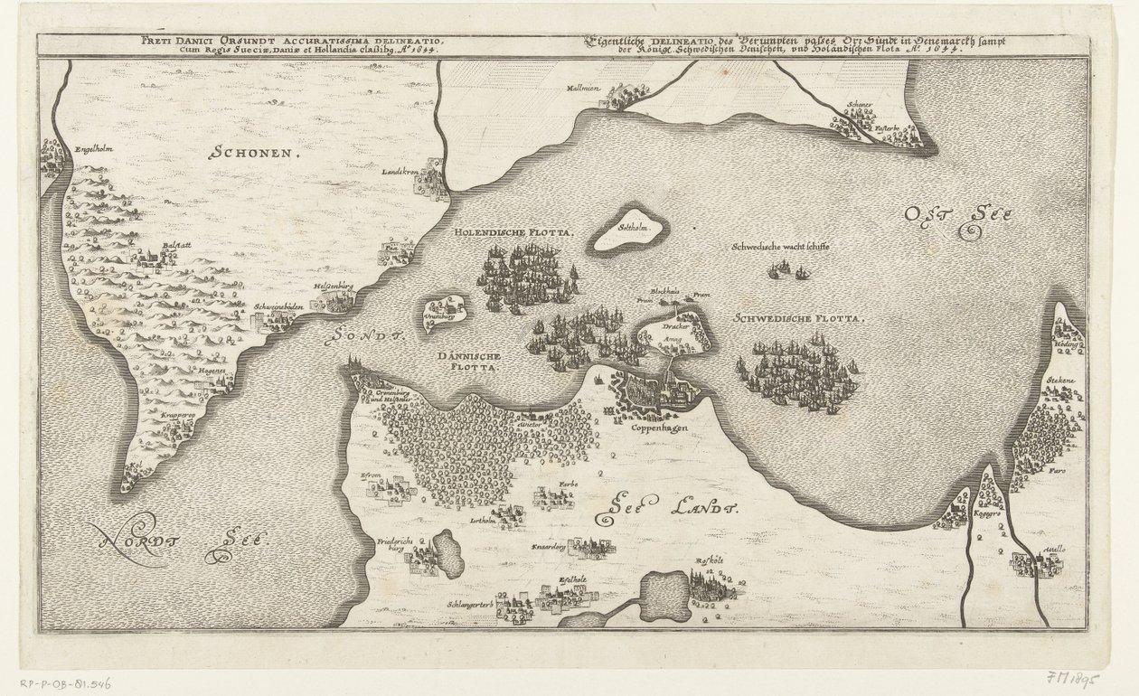 Kaart van de zeeslag tussen de Zweedse en Deense vloten in de Belt, 1644 La carta más precisa del Estrecho de Orsundt danés con la clasificación del Rey de Suecia, Dinamarca y Holanda. Ao. 1644 (título sobre el objeto) Eigentliche Delineatio des Berumpten  de Anonymous