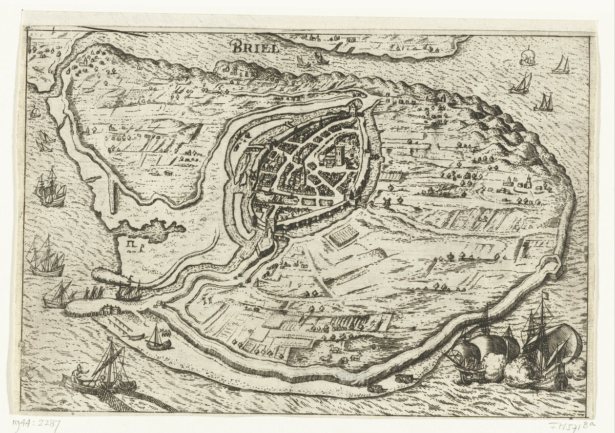 Mapa de la isla de Voorne y mapa de Brielle, 1572 Briel (título sobre el objeto) de Anonymous