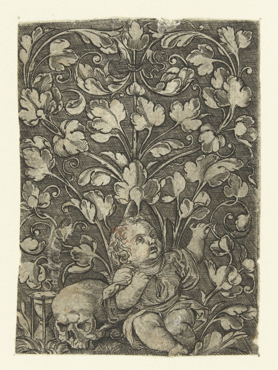 Niño junto a una calavera Decoraciones de superficie con enredaderas de hojas y niños (título de la serie) de Anonymous