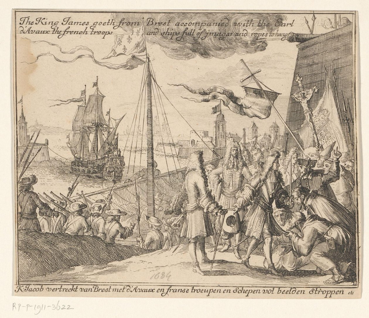 El rey James II parte con las tropas francesas de Brest a Irlanda, 1689 El King James sale de Brest acompañado del Conde d