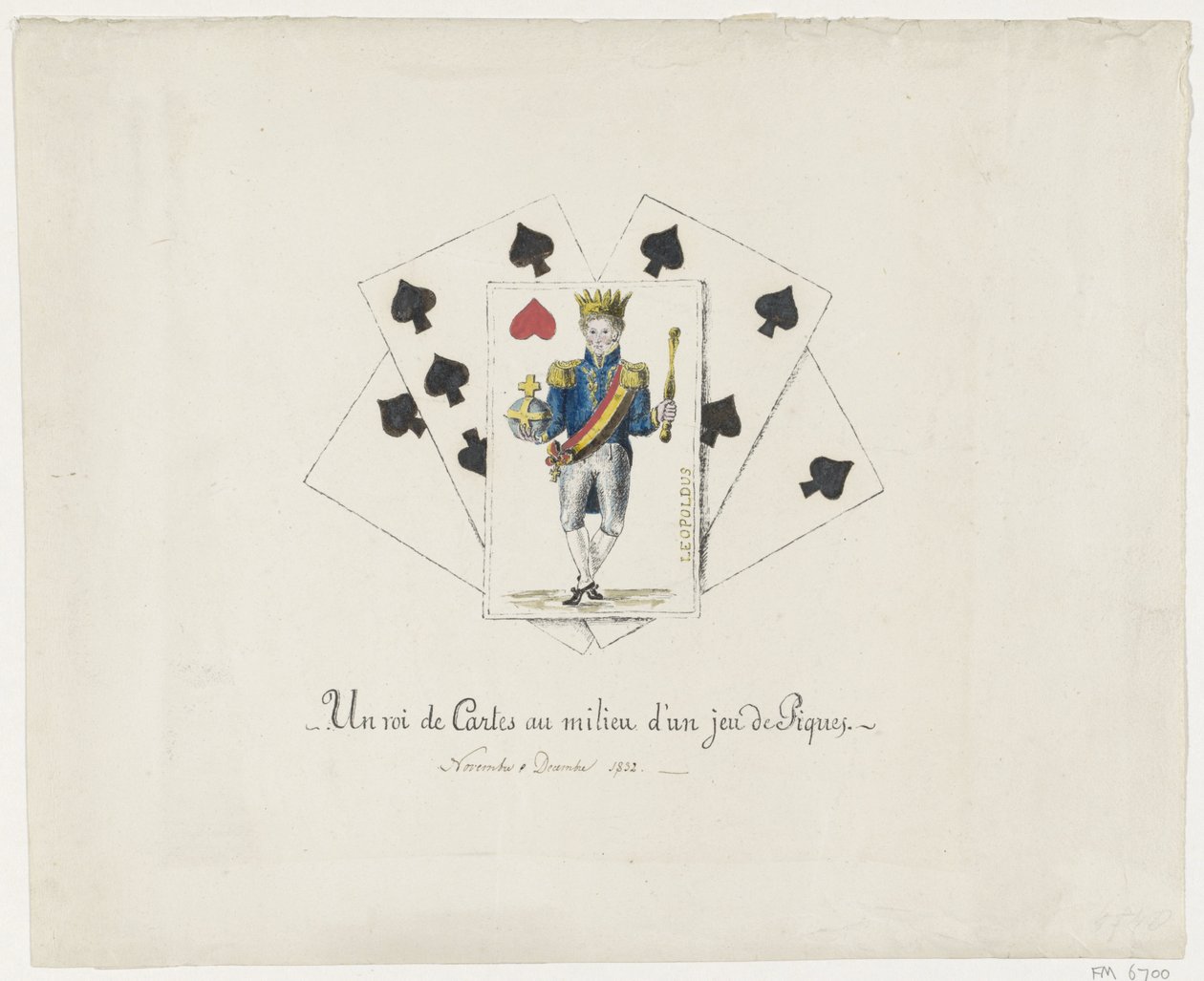 Koning Leopoldo I a partir de hartenkoning, 1831-1832 Un rey de cartas en medio de una baraja de picas (título sobre el objeto) de Anonymous