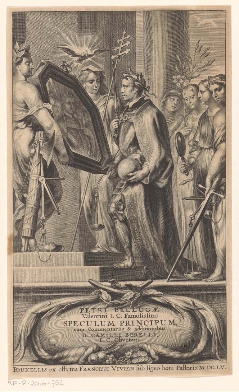 King es sostenido por un espejo por Justice and Faith Página de título para: Petrus Belluga y Camillo Borello, Speculum principum, 1655 de Anonymous