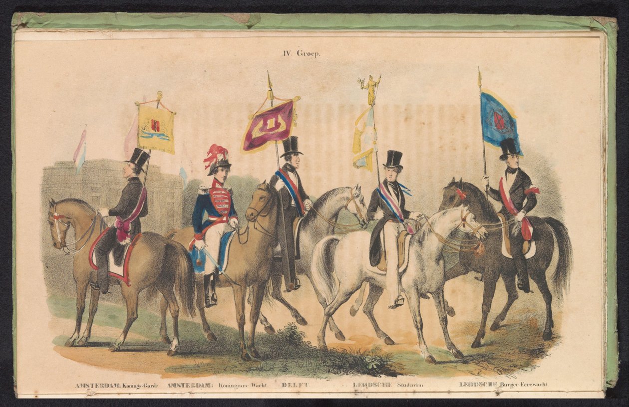 Trajes y estandartes de las guardias de honor de Amsterdam, Delft y Leiden, 1840-1842 IV. Grupo (título en objeto) de Anonymous