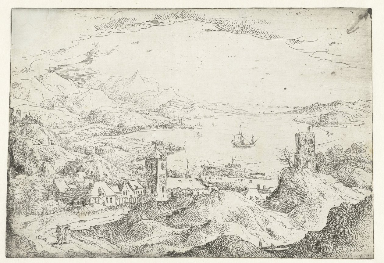 Paisaje con río ancho y pueblo. Siete paisajes (título de la serie) de Anonymous