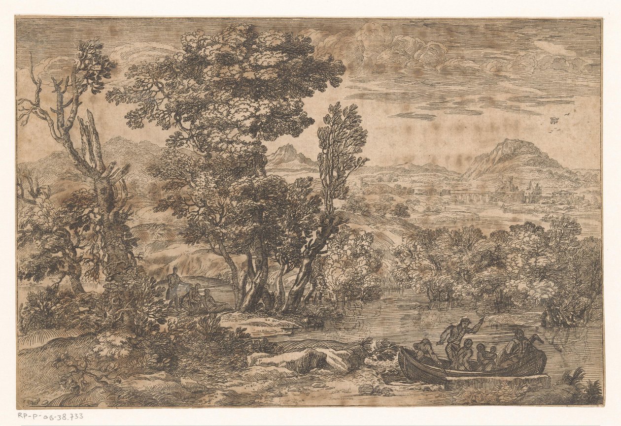 paisaje con un barco en un río de Anonymous
