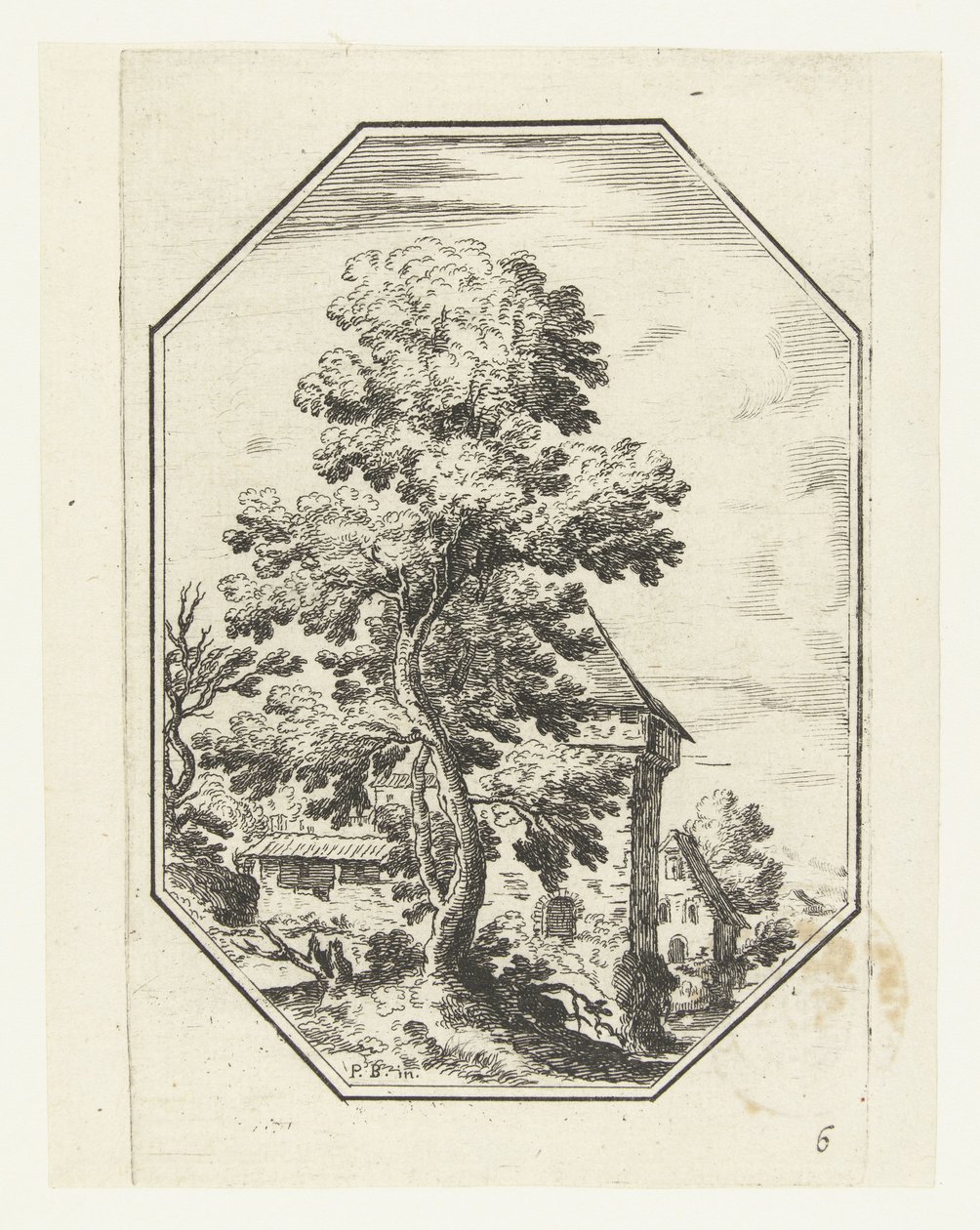 Paisaje con un gran árbol en un marco octogonal. Paisajes octogonales (título de la serie) de Anonymous